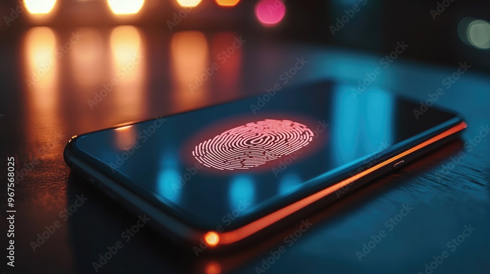 Poster a close-up of a mobile phone with a fingerprint authentication icon on the screen.