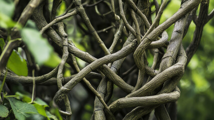 intricate patterns of vines create mesmerizing display of natures beauty, showcasing slow dance of intertwined branches in lush green environment