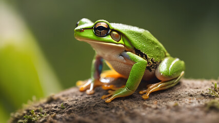 Naklejka premium Minimal photo of a solitary tree frog on a blurred green background