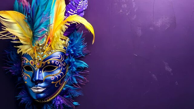 Colorful carnival mask with feathers displayed against a vibrant purple backdrop