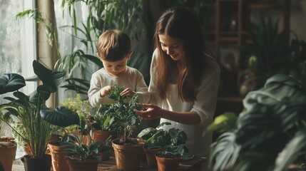Obraz premium A mother teaches her child about gardening while tending to potted plants indoors on a sunny day