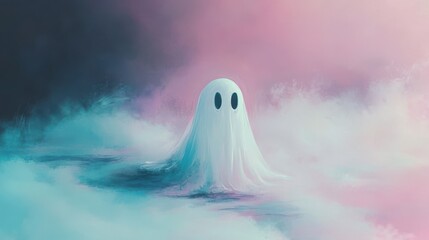A whimsical ghost emerging from colorful fog, creating a mysterious and enchanting atmosphere in this dreamy landscape.