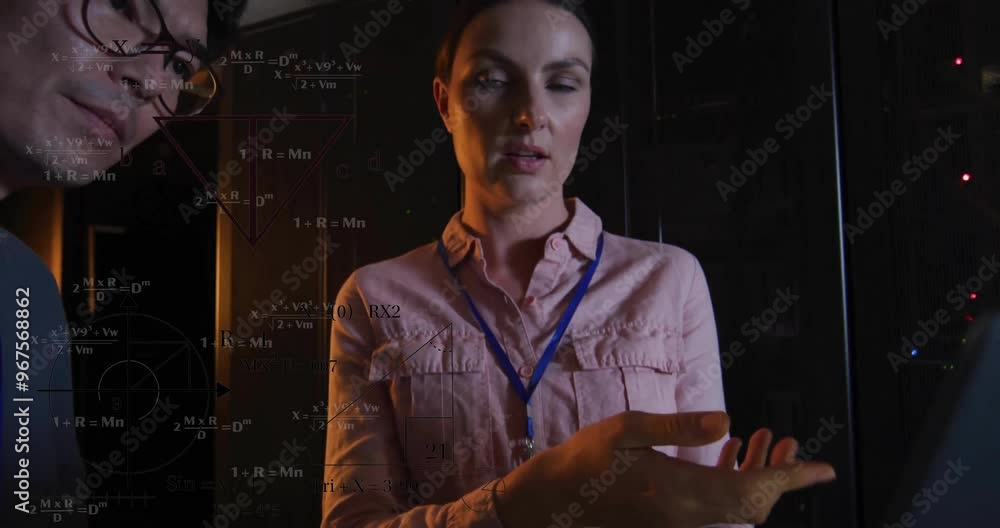 Aufkleber animation of scientific data processing over diverse it technicians by servers