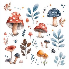 This illustration depicts mushrooms, snails, butterflies, and leaves on a white background.