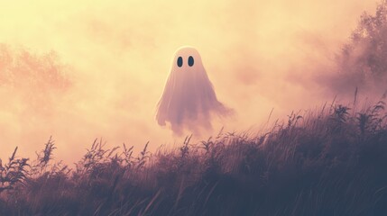 A whimsical ghost figure emerges from the misty landscape, creating a mysterious and enchanting atmosphere during twilight.
