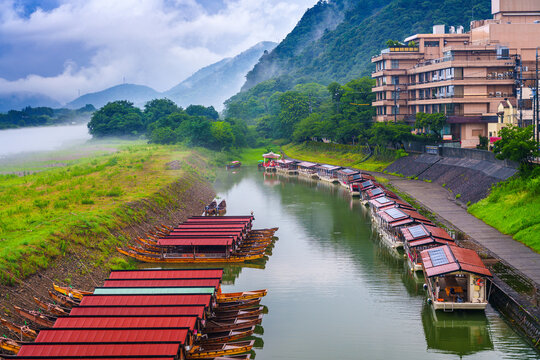 Gifu, Japan with cormorant fishing boats on the Nagara River