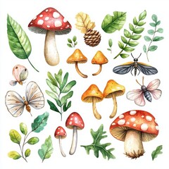 A watercolor set of mushrooms, snails, butterflies, leaves, and flowers on a white background. An illustration from Nature's Delicate Beauty Collection