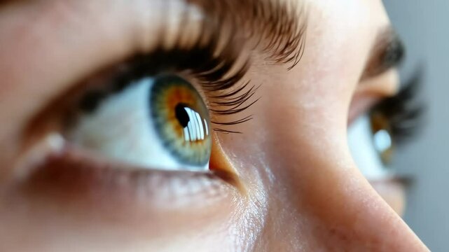 Closeup of female beautiful eyes. Good vision and eyes health. Vision testing, contact lens wearing and ophthalmology concept. Medical laser eye correction, vision correction, lasik treatment