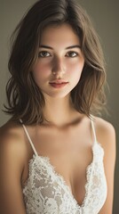 young woman wearing a white dress with lace shoulder straps, elegant makeup, bright eyes, shoulder-length hair, indoor portrait photography, soft light, warm tones, and a gentle smile,Generative AI