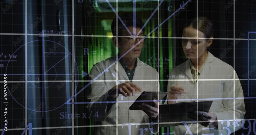 Aufkleber animation of scientific data processing over diverse it technicians by servers