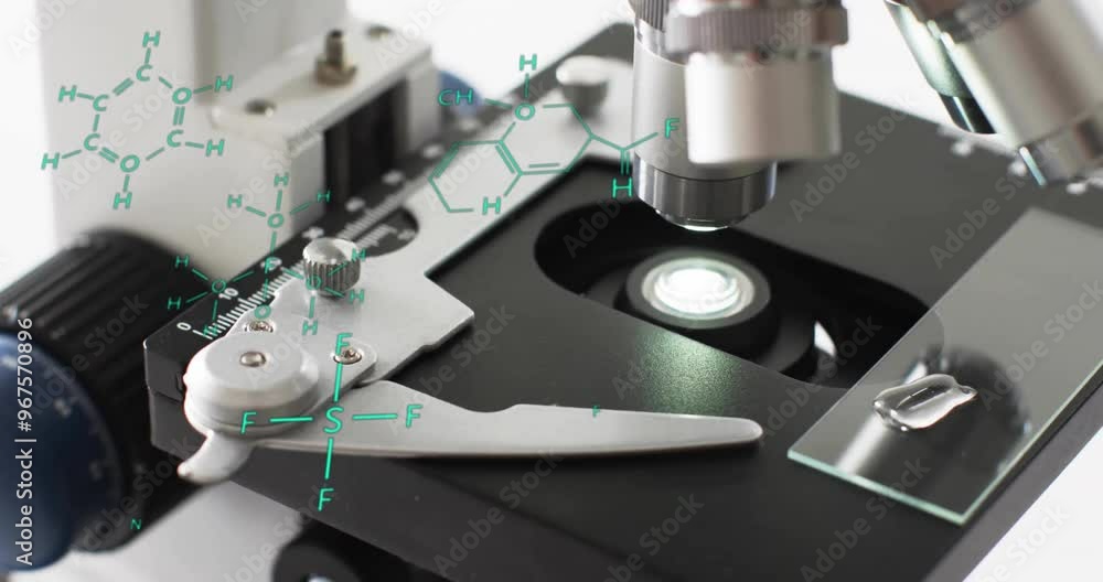Poster animation of scientific data processing over microscope in laboratory