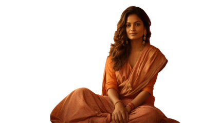 Smiling Indian Woman Sitting in Orange Saree Photo PNG. Fictional Characters Created By Generative AI.