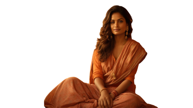 Smiling Indian Woman Sitting in Orange Saree Photo PNG. Fictional Characters Created By Generative AI.
