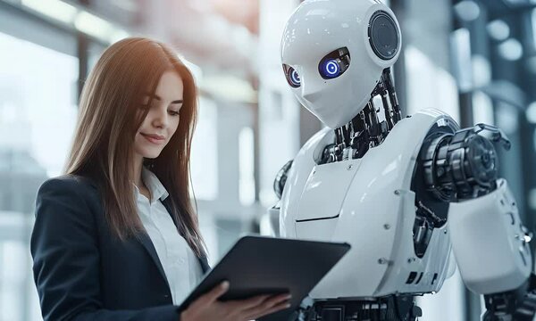 Gesch&auml;ftsfrau interagiert mit einem Roboter