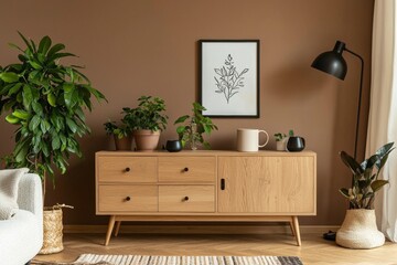 Elegant living room with curved sofa and modern art. Neutral colors and minimalist design make this space a perfect place to relax and unwind. Template.