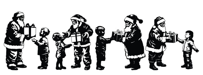 Vector illustration of Santa Claus giving a gift to a child, perfect for holiday designs