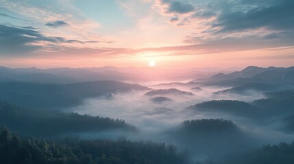 Fototapeta premium A panoramic view of rolling hills submerged in a dense sea of morning mist, with the sun just