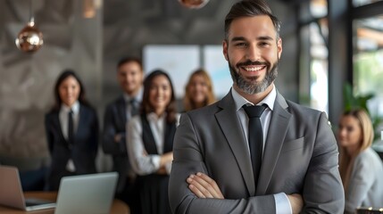 Fototapeta premium Confident Business Executive Leading Successful Team Meeting in Modern Office