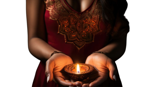 Closeup of Indian Female Holding Lit Oil Lamp (Diya) During Diwali Festival on Png Background. Fictional Characters Created By Generative AI.