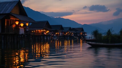 Obraz premium A peaceful evening on Inle Lake, with lanterns lighting up the stilt houses as the sun sets