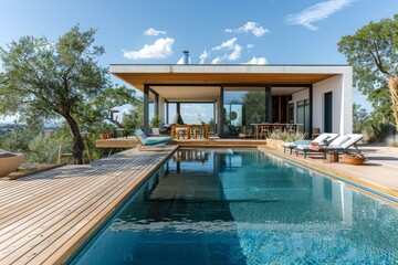 Fototapeta premium Modern house with pool in South of France, featuring wooden deck, blue sky, green trees, and summer evening light on blue water.