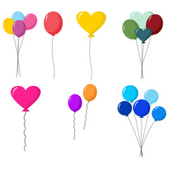 Colorful party balloons isolated on white background. Balloon set. Bunch of balloons for birthday and party. Flying ballon with rope. Anniversary, birthday party design. Air balloons vector.