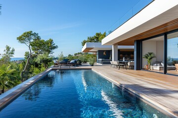 Fototapeta premium Modern house with pool in South of France, featuring wooden deck, blue sky, green trees, and summer evening light on blue water.