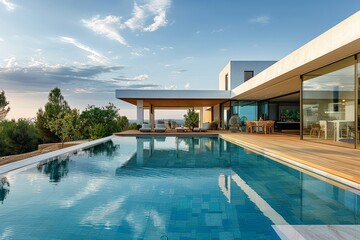 Obraz premium Modern house with pool in South of France, featuring wooden deck, blue sky, green trees, and summer evening light on blue water.
