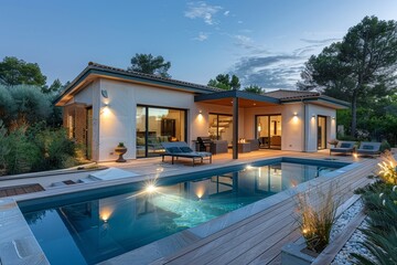 Fototapeta premium Modern house with pool in South of France, featuring wooden deck, blue sky, green trees, and summer evening light on blue water.