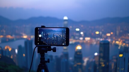 A mobile phone mounted on a tripod, capturing a time-lapse video of a cityscape.