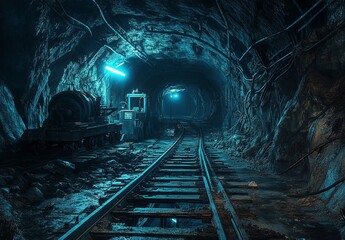 Naklejka premium A dimly lit underground tunnel with rusty rail tracks leading deeper into the mine,