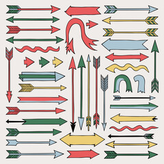 Colorful hand-drawn arrows of various shapes and sizes on a light background.