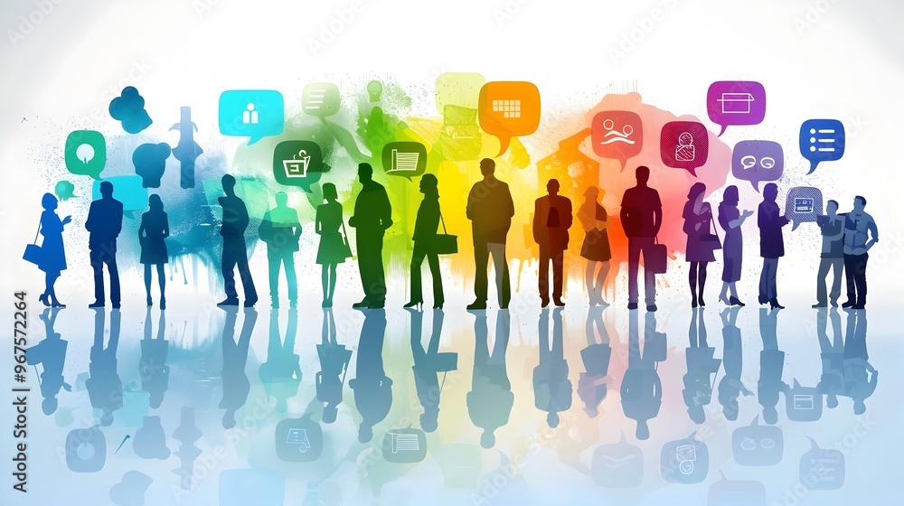 Poster diverse silhouettes of a collaborative community engaged in networking and communication