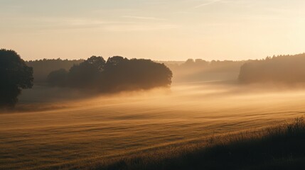 A peaceful morning in the countryside, with a sea of mist hovering over fields and trees,