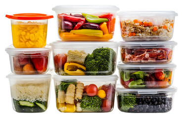 Colorful meal prep containers organized on a countertop isolated on transparent background
