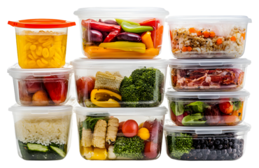Colorful meal prep containers organized on a countertop isolated on transparent background