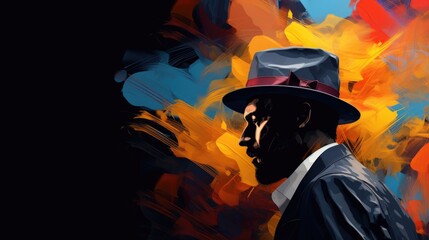 Abstract Painting of Gentleman Wearing Tuxedo Suit with Hat for Ready to Party or Musician Avatar. Fictional Characters Created By Generative AI.