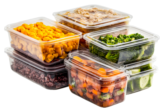 Colorful meal prep containers filled with healthy foods on a table isolated on transparent background