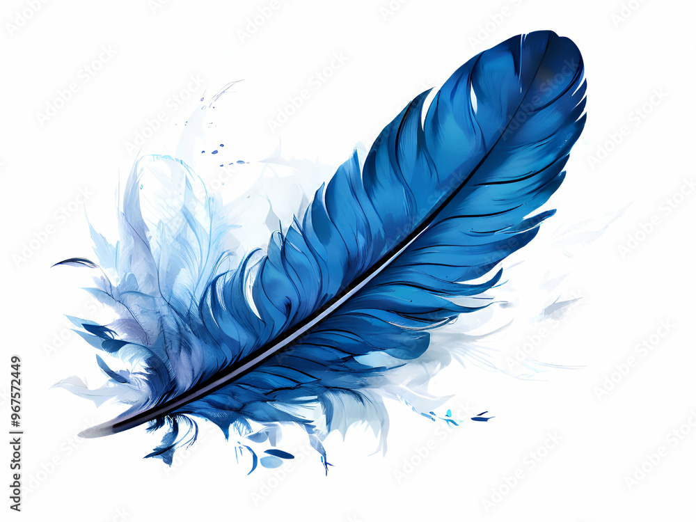 Fototapete single feather, abstract blue colour single feather on white background/ high resolution and used fo