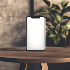 smart phone blank white screen mockup on a wooden table with attractive background generated by AI