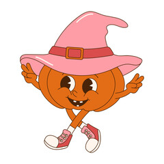 Groovy cartoon pumpkin character with hat. Retro Halloween sticker.