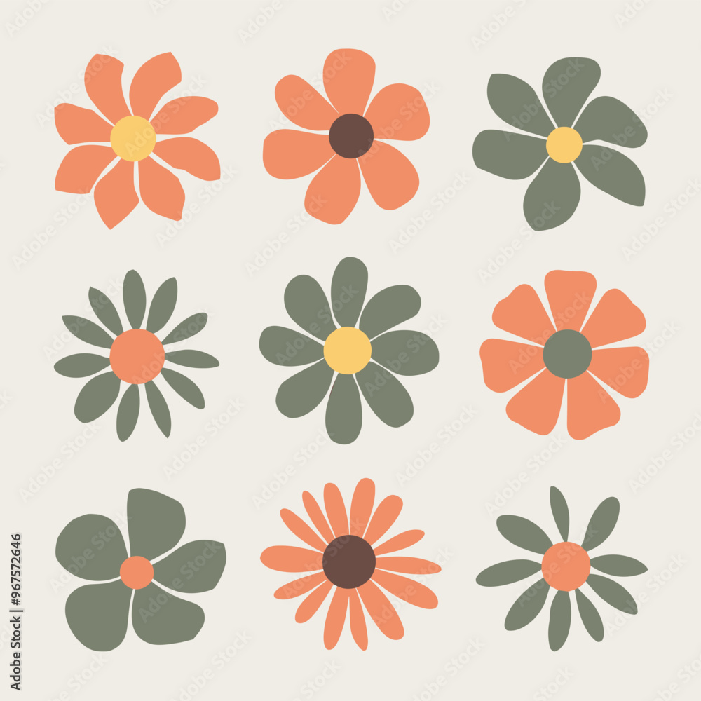 Poster a collection of colorful, retro flower patterns displayed in a grid on a light background.