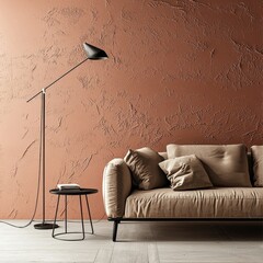 An elegant modern minimalist living room design with a beige sofa, metal side tables, and personal accessories. Creative wallpaper. Home staging. A template. A copy area.