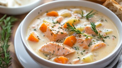 A creamy salmon chowder with chunks of tender salmon, potatoes, and carrots, garnished with fresh herbs and served with crusty bread.