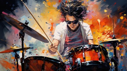 Musician man playing drums and cymbals at songfest performance in abstract painting illustration. Fictional Characters Created By Generative AI.