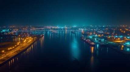 夜の港のドローンビュー