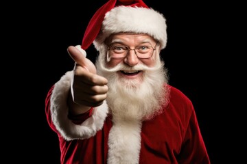 Cheerful Santa Claus Giving a Thumbs Up on Dark Background for Merry Christmas Photo. Fictional Characters Created By Generative AI.