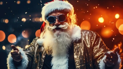 Fototapeta premium DJ Santa Claus in Nightclub at Merry Christmas and New Year Party Photo. Fictional Characters Created By Generative AI.