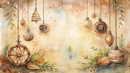Artistic Christmas ornaments and nature elements in warm tones with copy space