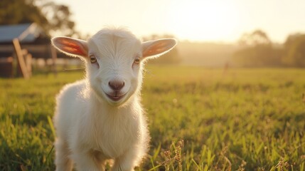Fototapeta premium A fluffy baby goat with big, sparkling eyes and a playful smile, standing in a grassy field under the warm sun, enjoying a peaceful farm day.